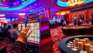 Players enjoying the Mahjong Ways 2 slot machine in a vibrant casino setting.