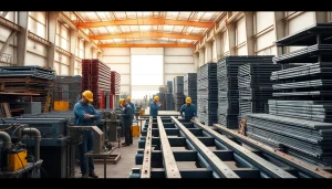 Workers collaborating in a steel fabrication shop, showcasing precision and skill in metalwork.