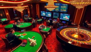 Experience the excitement of LV88 as players engage with casino games amidst a luxurious setting.