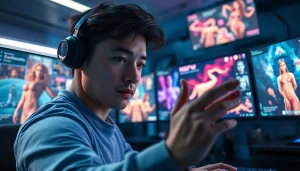 Engaging interaction with Crushon AI NSFW image generator in a futuristic workspace.