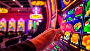 Slot depo 1k menunjukkan tangan pemain yang menekan tombol mesin slot yang menarik.