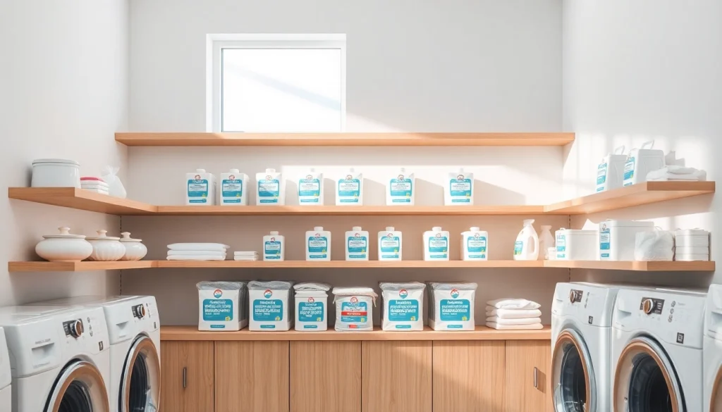 Showcase of washing powder suppliers in a modern laundry space revealing vibrant product details.