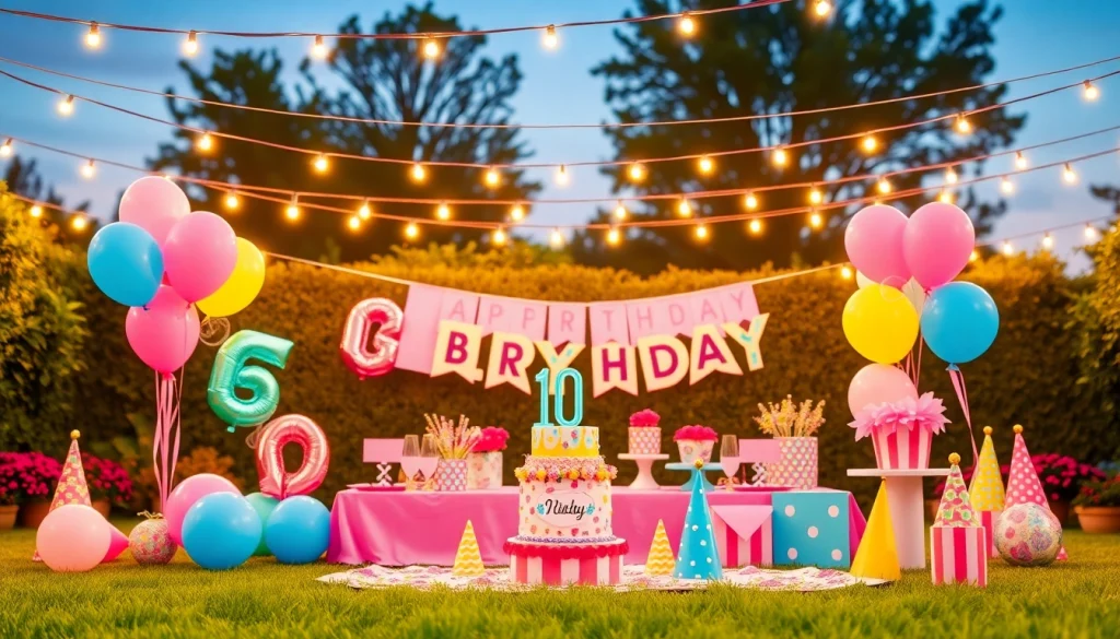 Create an inviting and festive environment for a customizable birthday party with vibrant decorations and details.