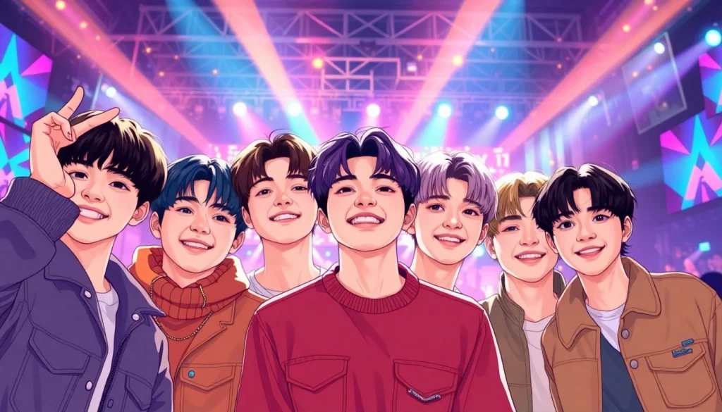 BTS members performing energetically in a colorful concert setting with vibrant lights.