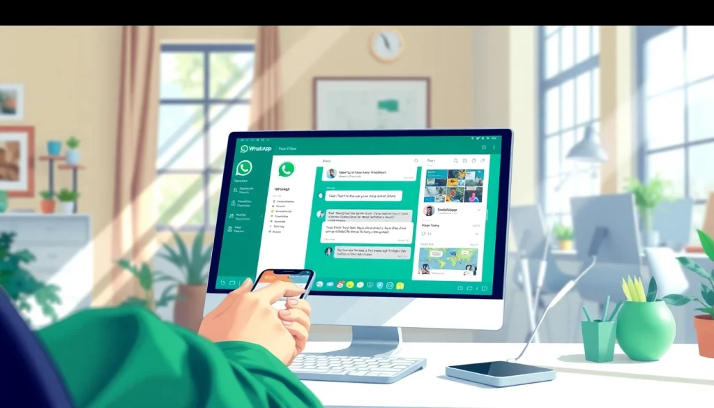 用户在电脑上使用 WhatsApp网页版，展示消息功能和现代界面的互动场景。