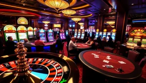 Players experiencing thrill at a casino with LUCKYWIN symbols on slot machines.