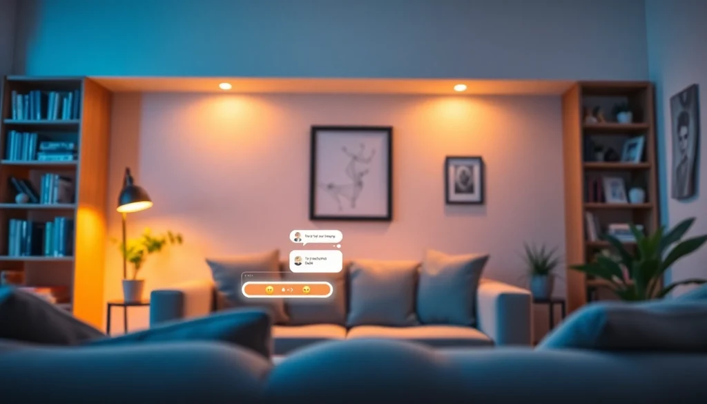 An inviting digital living room scene showcasing a friendly AI chat interface about ai sex chat, with soft lighting and a cozy atmosphere.