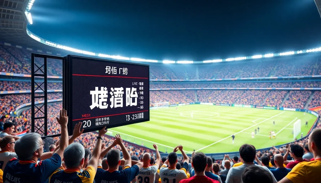 แสดงผลบอลสด888 บนจอในสนามฟุตบอลที่นักเชียร์ตื่นเต้น