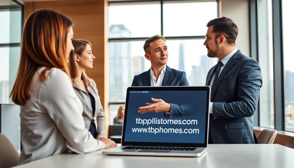 Real estate agent showcasing properties on www.tbplhomes.com to clients in a bright office.