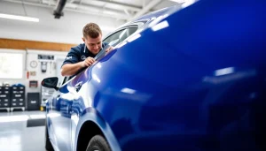 Apply paint protection film near me on a luxury car with expert precision in a bright garage.