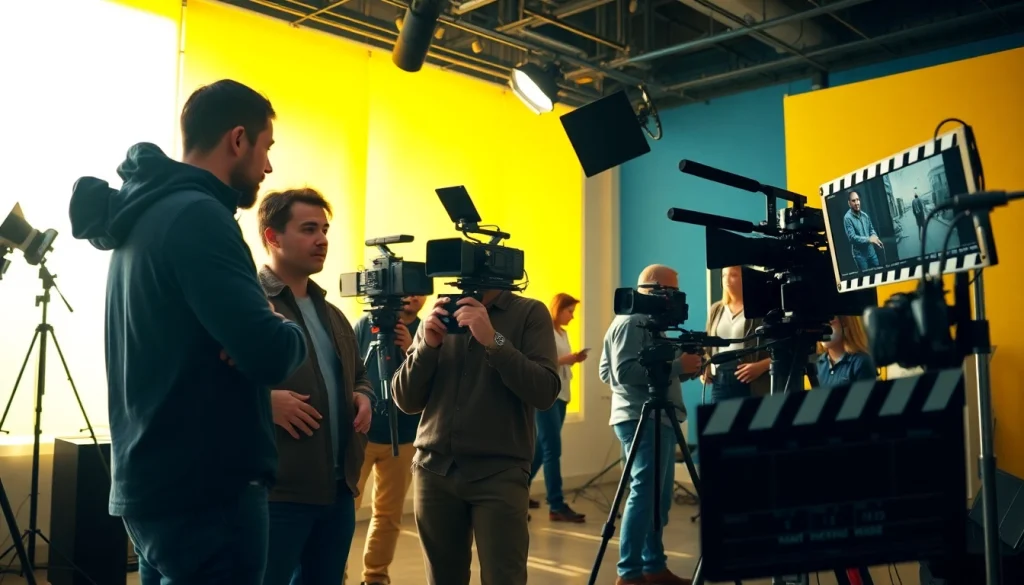 Engaging video production Calgary team collaborating on film set with professional equipment.