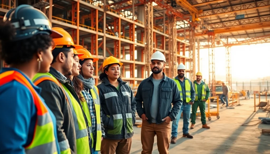 Construction workforce development reflects teamwork and training in a vibrant construction site scene.