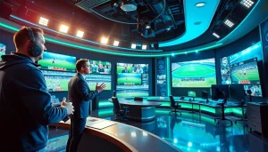 Sports Broadcasting hosted live in a vibrant studio filled with modern screens.