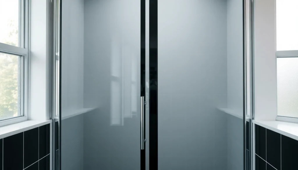 Showcasing a black shower sliding door in a stylish bathroom with modern design elements.