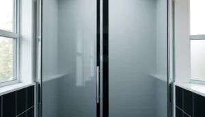 Showcasing a black shower sliding door in a stylish bathroom with modern design elements.