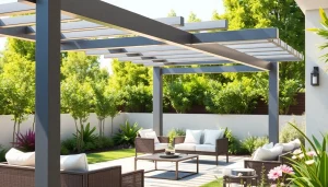 Enhance your outdoor space with a modern steel pergola and stylish furniture.
