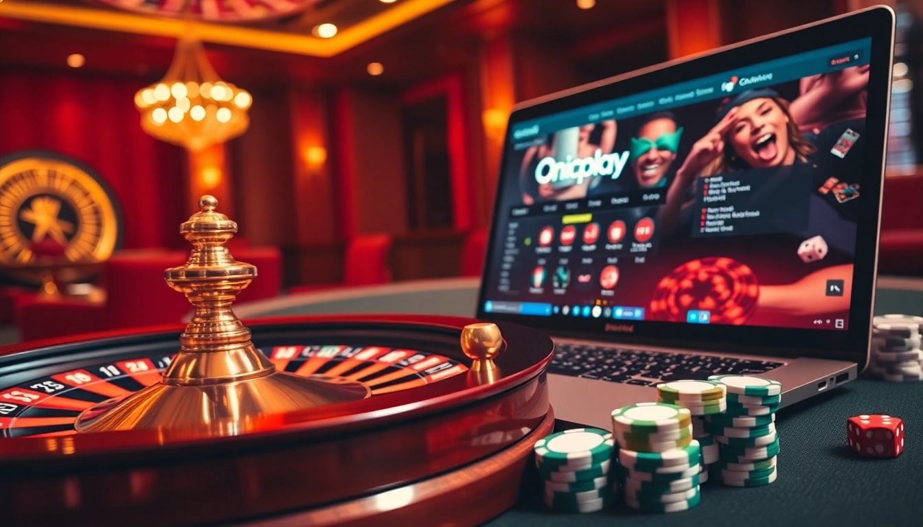 Experience thrilling gameplay on Onicplay with a vibrant roulette wheel and poker chips.