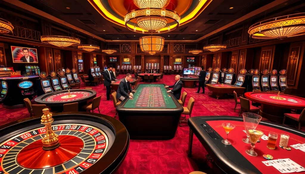 MM88 casino scene showcasing players at poker tables and a roulette wheel in a luxurious environment.
