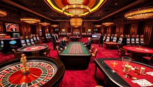 MM88 casino scene showcasing players at poker tables and a roulette wheel in a luxurious environment.