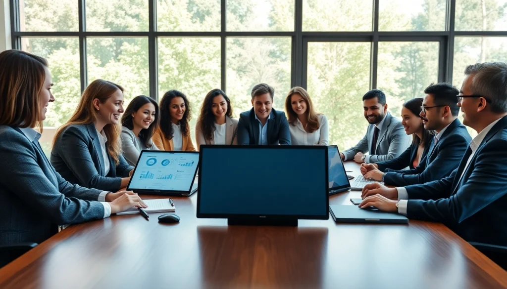 Team strategizing business growth insights in a bright conference room setting.