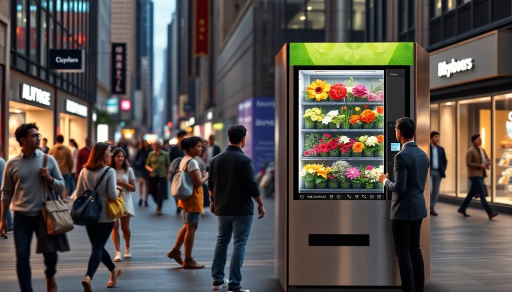 Flower vending machine showcasing vibrant floral arrangements in an urban setting, inviting customers with a modern touchscreen interface.