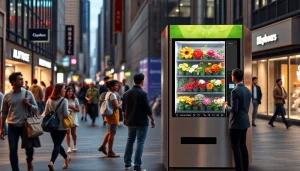Flower vending machine showcasing vibrant floral arrangements in an urban setting, inviting customers with a modern touchscreen interface.