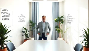 Engaging business coach los Angeles demonstrating guidance in a modern office.