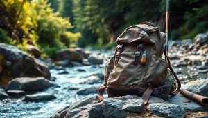 Fly fishing backpack rests beside fishing gear on a rocky riverbank surrounded by nature.