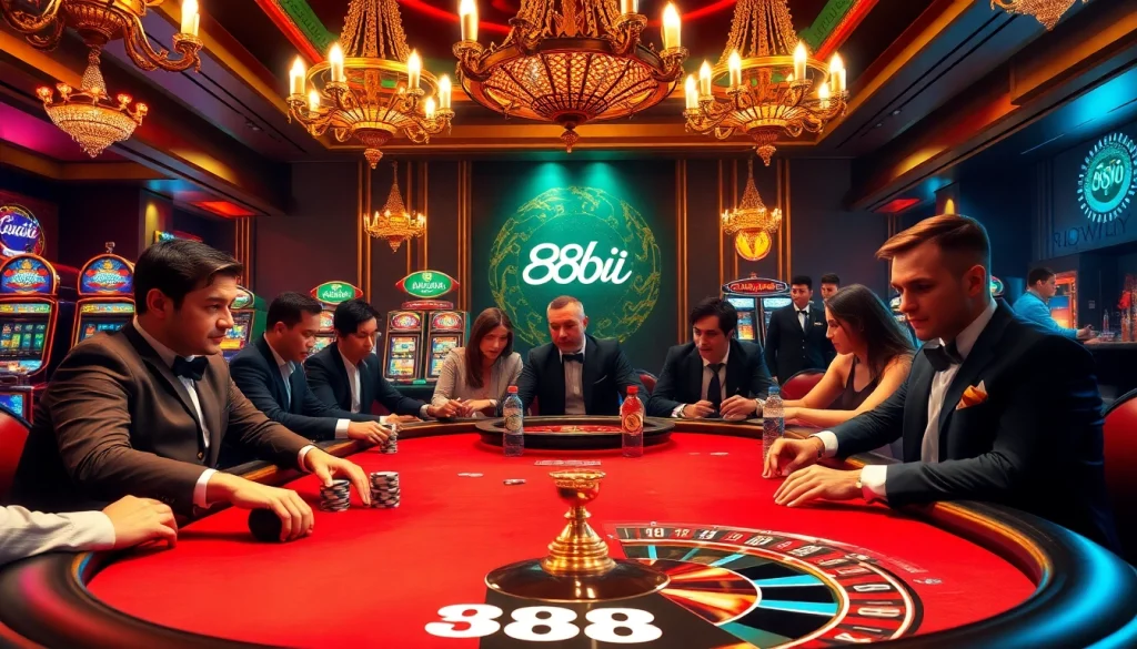 Exciting poker game at a luxurious casino table featuring 88ii poker chips and cards.
