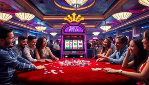 Rasakan kegembiraan bermain slot pulsa dengan adegan kasino yang hidup menampilkan pemain dan mesin.