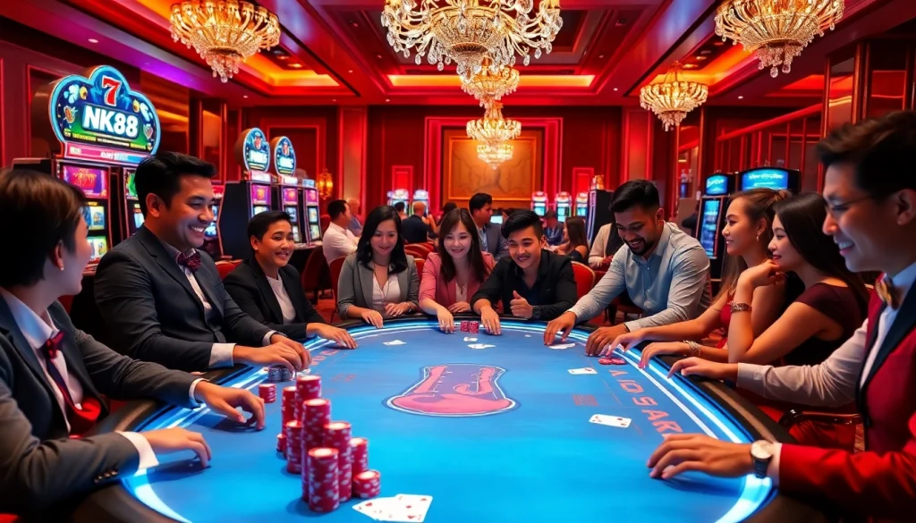 Players enjoying high-stakes poker at an NK88-themed casino table, vibrant chips and cards enhancing the scene.