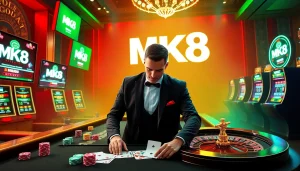 Engage in thrilling betting with MK8 at a vibrant casino table featuring colorful chips and cards.