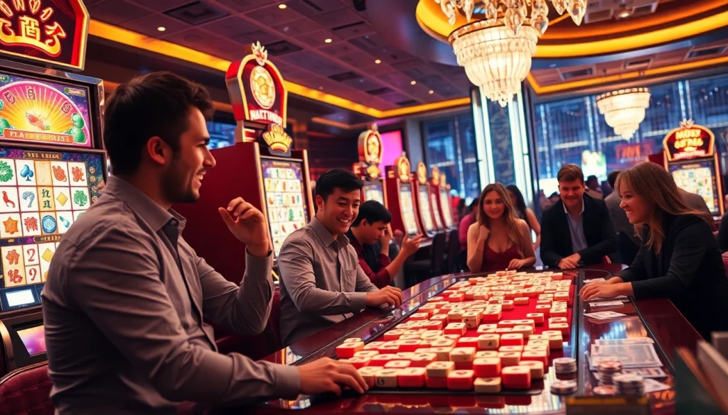 Pemain menikmati mesin slot Mahjong Ways 2 dengan ubin mahjong berwarna-warni dan suasana kasino yang seru.