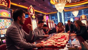 Pemain menikmati mesin slot Mahjong Ways 2 dengan ubin mahjong berwarna-warni dan suasana kasino yang seru.