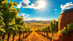 Capture the beauty of Carksburg CA's vineyards, featuring ripe grapes, a wooden barrel, and rolling hills.