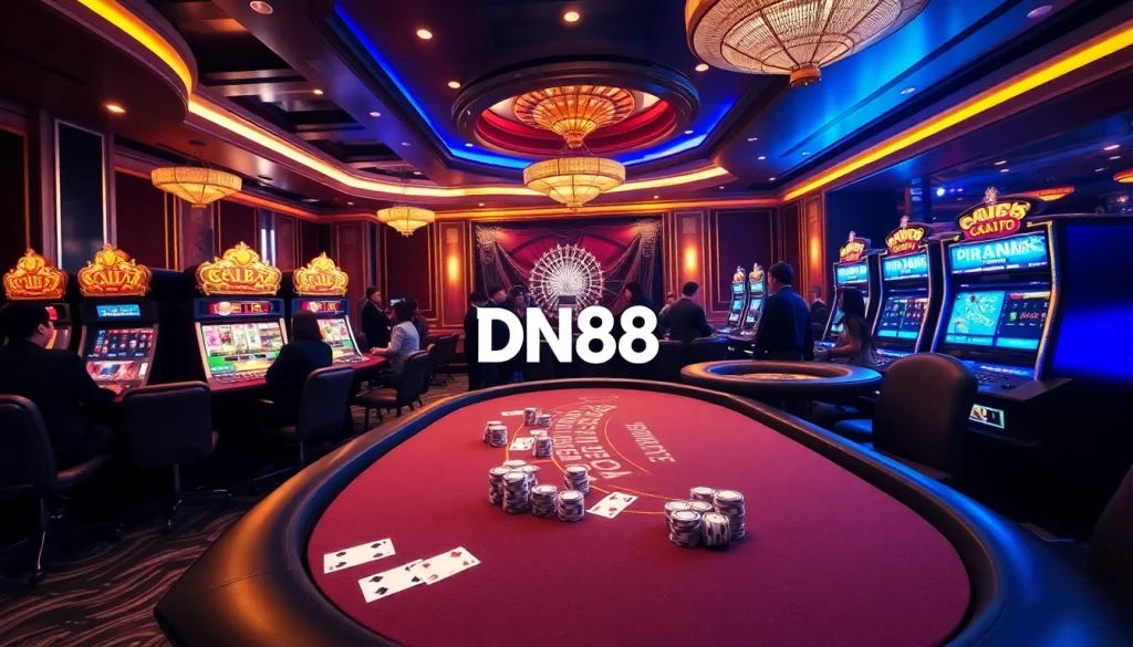 Exciting casino scene showcasing DN88 poker and slot games with vibrant decor.