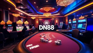 Exciting casino scene showcasing DN88 poker and slot games with vibrant decor.