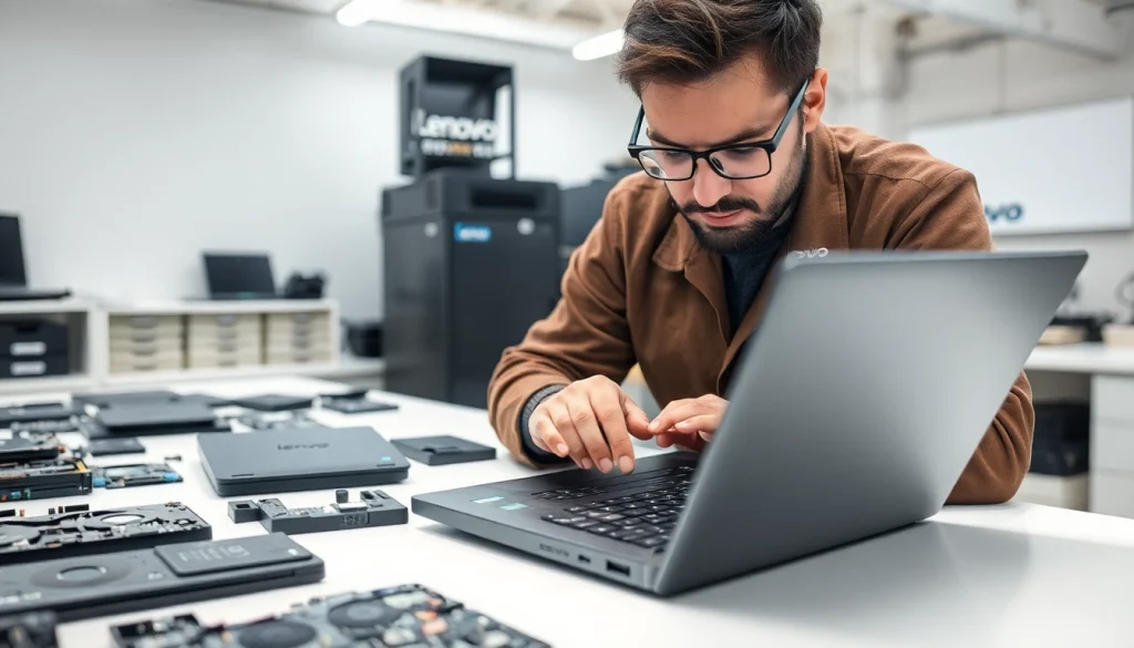 Technician repairing Lenovo Parts on a laptop, displaying an organized workspace with tools and components.
