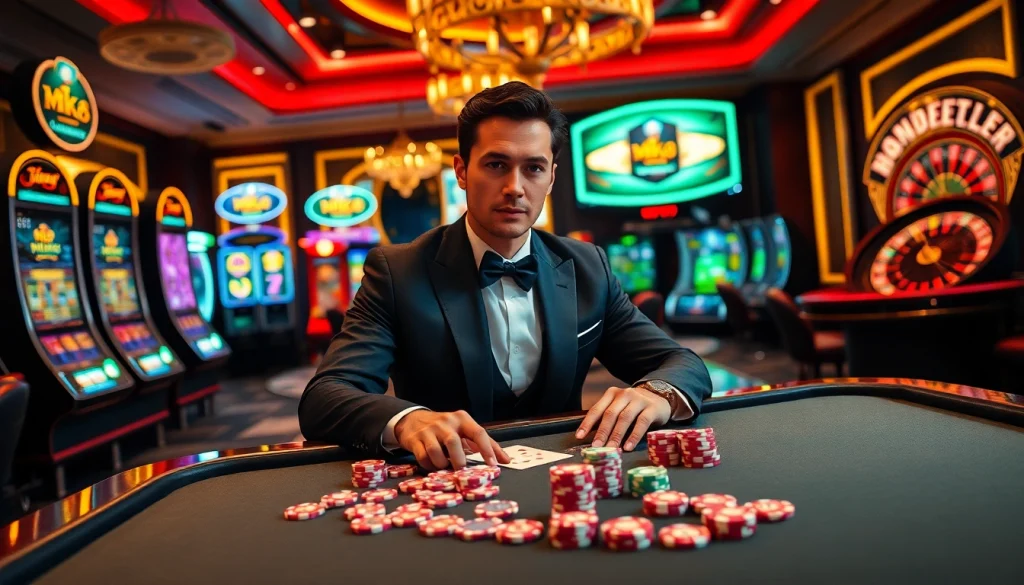 Engaging gambler at MK8 betting table in a vibrant casino setting, highlighted by roulette wheels and poker chips.