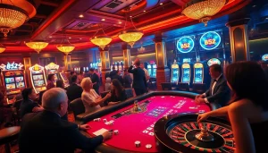 Players enjoying a lively b52 themed gambling table in an upscale casino.
