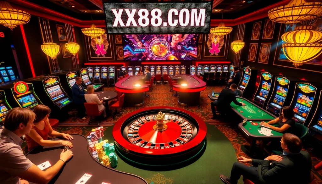 Players enjoying engaging games at XX88 COM casino, featuring illuminating slot machines and roulette.