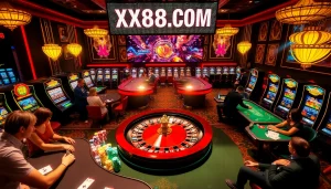 Players enjoying engaging games at XX88 COM casino, featuring illuminating slot machines and roulette.