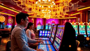Players enjoying the Mahjong Ways 2 slot machine, surrounded by colorful casino elements.