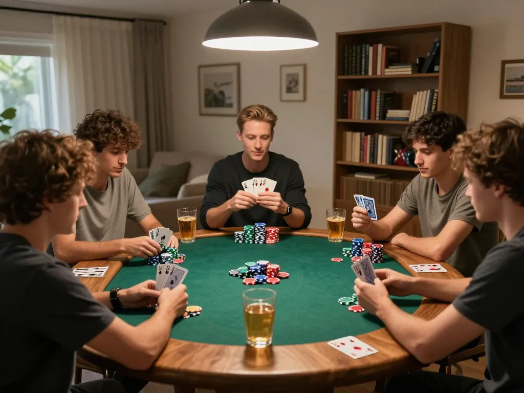 Playing poker with friends in a cozy home, showcasing เว็บตรง gaming strategy and social bonding.