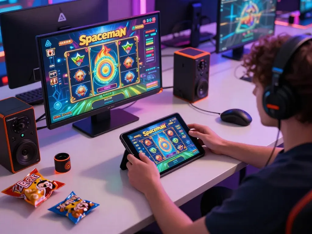 Player spinning the reels of the spaceman slot game on a tablet in a lively home gaming setup