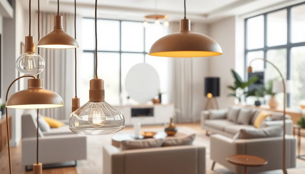 Shop ModernLighting with stylish fixtures illuminating a cozy living room setup.