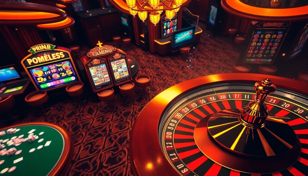 Engage in an exciting gaming session at pen4d with vibrant slot machines and casino tables.