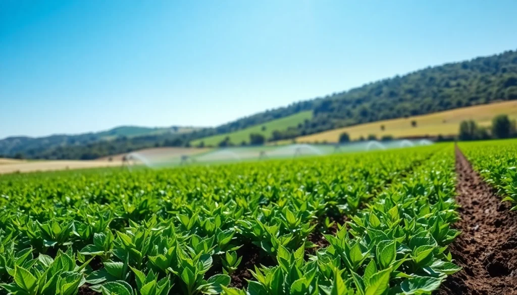 Implementing land irrigation to enhance crop growth in a lush green field with sprinklers.