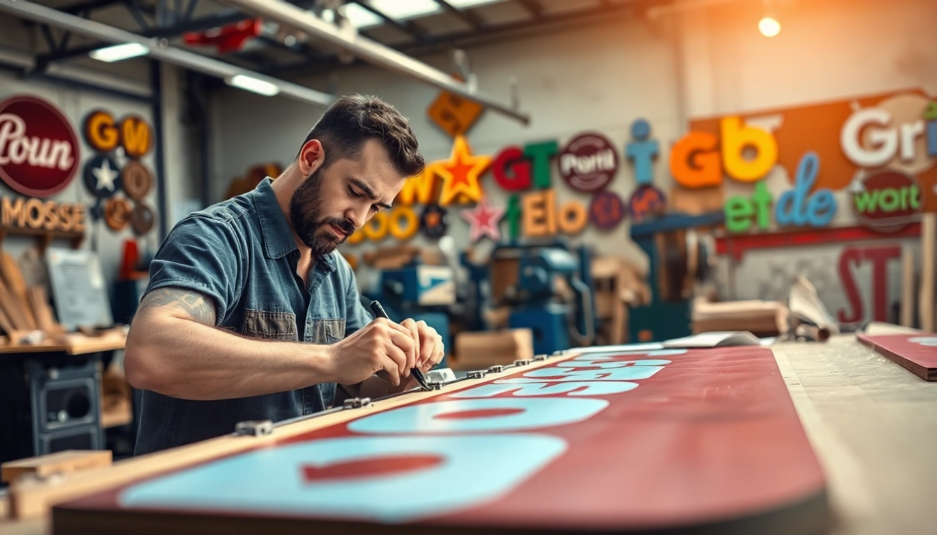 Artisan engaged in sign manufacturing, showcasing creativity and craftsmanship in a dynamic workshop.