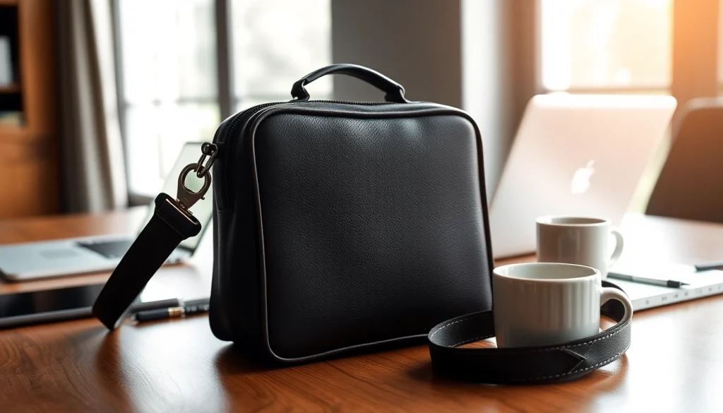 Handy Tasche abschließbar auf einem modernen Schreibtisch mit eleganten Details.